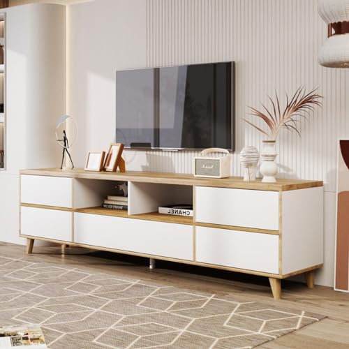 KOMHTOM Meuble TV avec design patchwork blanc et bois, buffet à cinq portes et compartiment de rangement ouvert, armoire polyvalente pour salon, chambre à coucher et salle à manger. (A)
