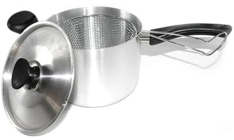 Beaugec Large Chip Pan with Basket - Durable Non Stick Deep Fryer Saucepan – Heavy Duty Pan with Plastic Handles and Lid for Kitchen, Cooking, Potato Chips (Silver, 20cm)