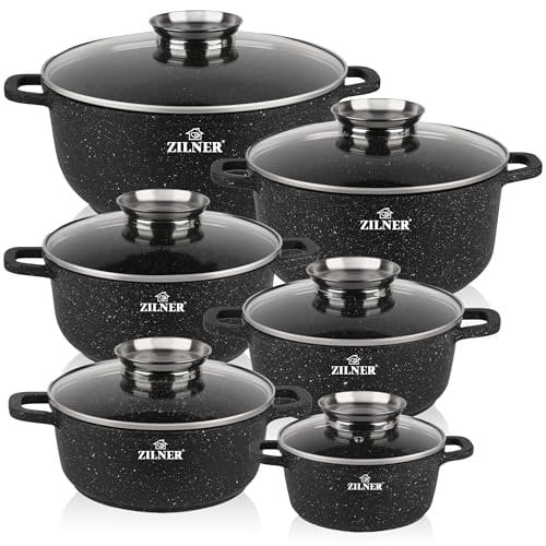 Topfset Induktion 12-Teilig mit Glasdeckel | Kochtopf Set 6 Töpfen aus Aluminiumguss | 6x Kochtöpfe Ø16, 20,20, 22, 24, 28 cm | PFOA & PFOS-freie | Antihaftbeschichtung aus Schwarzem Granit