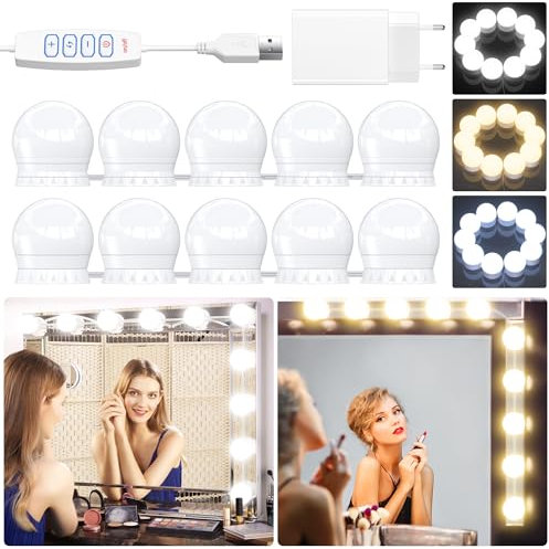 daphomeu Led Spiegelleuchte mit Adapter, 10 Dimmbar Hollywood Schminklicht, Make Up Licht Beauty Leuchte Beleuchtung LED Spiegellampe für Schminktisch Kosmetikspiegel