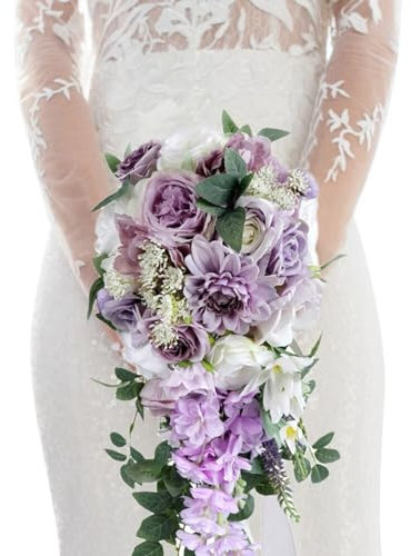 Bouquet di fiori artificiali di nozze, finto fiore rosa viola, bouquet da sposa cascata, fiore di seta decorazione per accessori per fotografia di matrimonio, San Valentino, composizione floreale