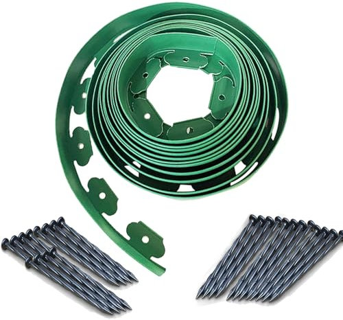 Aotuosa Flexible Rasenkante aus Kunststoff 5 cm Höhe 10 Meter Länge mit 30 Erdanker Garten Deko Beeteinfassung zur Beetbegrenzung Verankerung Gartenumrandung Rasenkantenstein (Grün - 5cm x 10m)