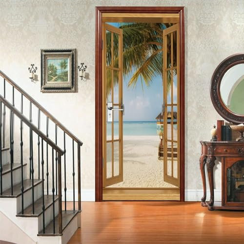 Papier Peint Porte Fenêtre Vue Mer 77 X 200 Cm Sticker Porte 3D - Autocollant Porte Trompe L'Œil - Poster De Porte - Stickers Muraux Auto-Adhésif Imperméable Amovible Salon Cuisine Chambre -3U0O4W3N2S