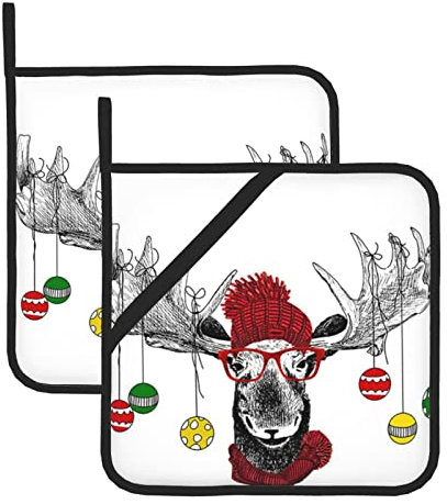 Lustiges Küchen- und Kochtopf-Set mit weihnachtlichem Hirsch, Isolierset, bedrucktes Muster, 20,5 x 20,5 cm, quadratisch, Isoliertopf-Set (zweiteiliges Set), Polyester-Material, Isoliertopf-Set