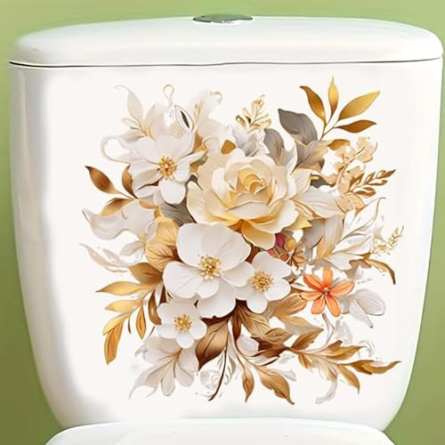 Goldene und bunte WC-Abdeckungs-Aufkleber, Fische, Vogel, Blume, Blatt, wasserdicht, WC-Deckel, Tanksitz-Aufkleber, Spülkasten, selbstklebend, Badezimmer-Wandaufkleber