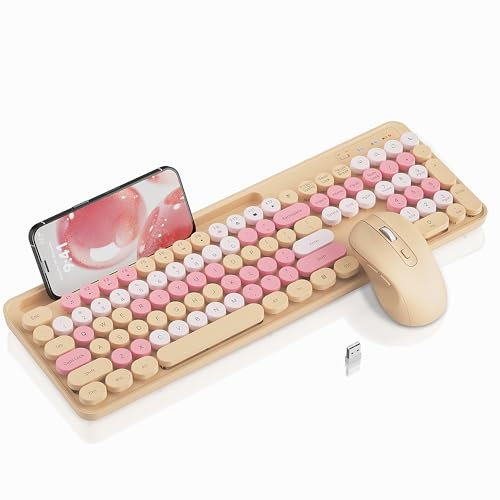 Tastiera wireless combinata con mouse, tasti rotondi retrò, graziosa tastiera per macchina da scrivere con supporto per telefono, modalità sleep, click soft, connessione cordless 2,4 GHz per