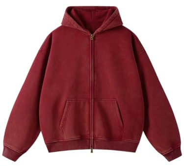 HOTIAN Felpa da uomo, oversize, in pile, vintage, con cappuccio, con chiusura lampo, Streetwear, Colore: rosso, XXL