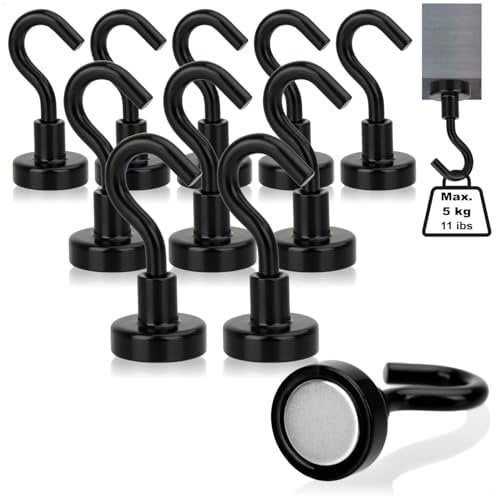 com-four® 10x Neodym Magnethaken 3 kg - starker Werkstatt-Magnet mit Haken 38 x 15 mm - für Küche, Badezimmer, Garage oder Büro - Kleiderhaken mit Neodym-Magnet