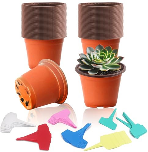 TAIHOBO Macetas Plastico, Ø 11,3cm Macetas Pequeñas, 60 Piezas Maceta Plastico Marrón con Orificios de Drenaje, Tiestos para Plantas Interior Exterior con 60 Etiquetas, para Trasplante Siembra