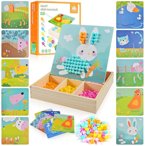 Mosaik Steckspiel für Kinder ab 2 3 4 5 Jahre,Mosaik Bastelset mit Steckperlen,Mosaik Steckspiel Pegboard mit 240 Steckperlen 10 Bilder,Montessori Spielzeug Holz Steckspiel für Kinder Mädchen Jungen