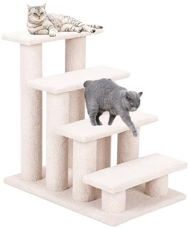 SOARS Katzentreppe, 4-stufige Haustiertreppe, Treppe für Katzen bis 25 kg, Hundetreppe, Kletterbaum Katzenbaum, 61 x 41 x 60 cm (Beige)
