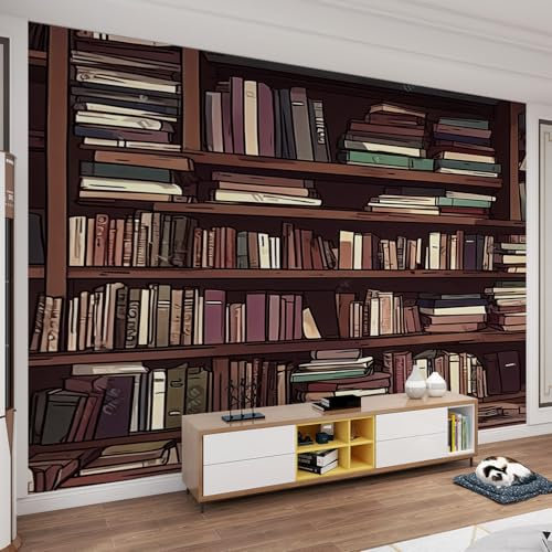 Mural 450x300cm Bookshelf Silk Murals Wall Wallpaper, Vintage Library Wall Decor, Old Books on Shelf Classical Study Room Student Study College Dorm Bedroom Living Room