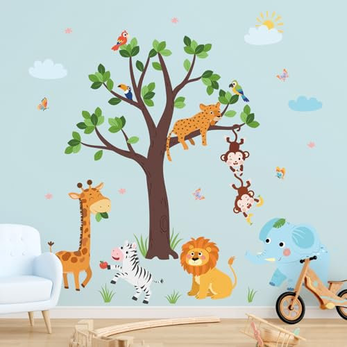 SHUCHING Wandtattoo Dschungel Tiere Baum, Wandaufkleber Elefant Löwe Giraffe, Selbstklebend Wandsticker für Spielzimmer Kinderzimmer Babyzimmer