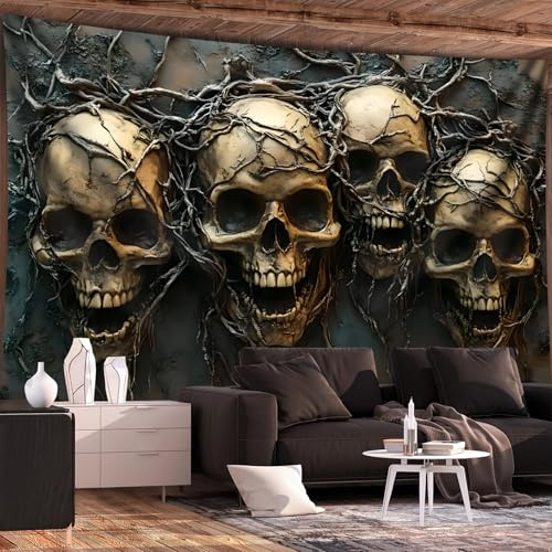 Arsey Gothic Wandteppich Totenkopf Design Schädel mit Ranken Wandteppiche Wandtuch für Halloween und Goth Stil Deko Wandtücher, schwarz, 150x130cm