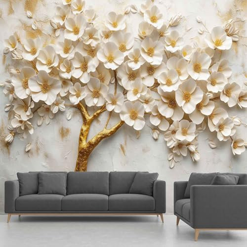 Blumen Ornament Perlen Tapete Selbstklebende Fototapete Blume Gold Metallic Tapeten Baum Pflanzen Wandtapete Vinyl Wasserdicht Wandaufkleber für Wohnzimmer Schlafzimmer Küchen 350x260 cm