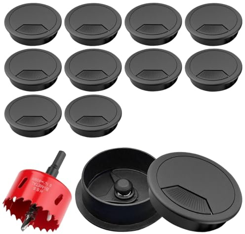 12 Stück 60mm Ø Kabeldurchführung mit 60mm Lochsäge,Schwarz Tisch Kabeldurchführung Kabeldurchlass für Tisch Office Schreibtische