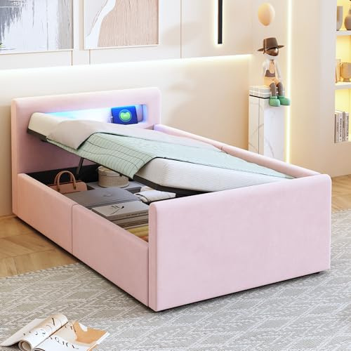 KUAKE Modern Jugendbett 90x200 cm Polsterbett, Bett mit Lattenrost & Stauraum, Polster Kopfteil mit LED Nachtlicht & USB-Ladeanschluss, Samtstoff, Kinderbett für Jungen & Mädchen (Rosa)