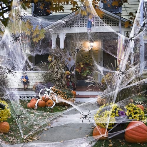SSKHE Halloween Spinnennetz,300g Dehnbare Spinnweben mit 60 Realistischen Spinnenattrappen,Halloween Deko Spinnennetz,für Innen Outdoor Garagen Gärten Spukhauspartys