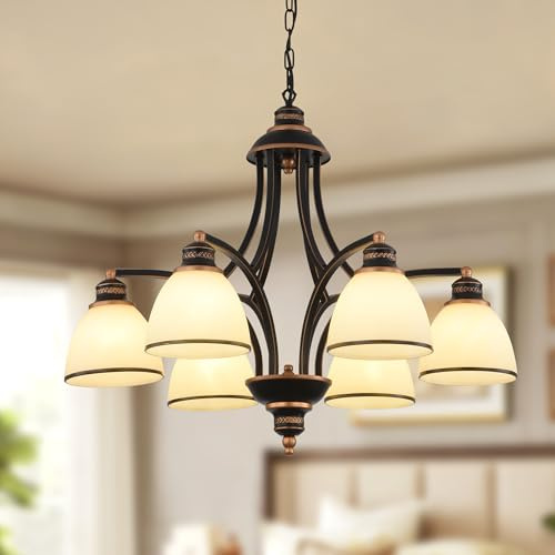 Ganeed Suspension Vintage Ferme Bronze Huilé 6 Lumières Noir | Luminaire Suspendu Réglable pour Îlot de Cuisine Abat-jour en Verre Finition Huilée Vintage Style Rustique Noir