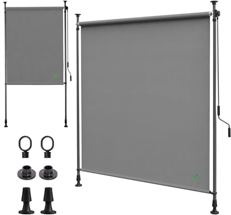 VOUNOT® Klemmmarkise Senkrechtmarkise 100x310 cm, Vertikalmarkise mit Handkurbel ohne Bohren, Ausziehbar Sichtschutz für Balkon, Garten & Terrasse, UV-Schutz & Wasserfest, Grau
