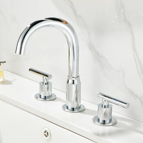 XJTNLB Grifo Lavabo Tres Agujeros Grifo Caño Alto Lavabo Laton Cromado 360° Giratorio Grifos de Baño Dos Mandos Agua Fria y Caliente