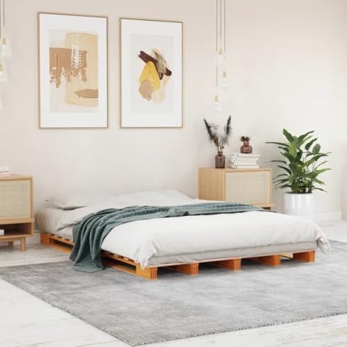 QJBSAVVA Paletten-Bettgestell Kiefer 140x200 cm wachsbraun robuster Holzrahmen für Jugendbett Gästebett oder Einzelbett für Schlafzimmer Dachboden und Gästeraum
