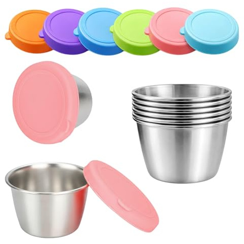 Mlifleue 6PCS Stainless Steel Sauce Dip Bowls with Lids, Condiment Pots, Small Sauce Pots, Stainless Steel Snack Potss for Sauces, Dips, Ice Cream, Snack, 40ML
