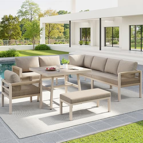 Merax L-Form Garten-Sofa Gartenmöbel Set für 8 Personen, Robuster Eisenrahmen mit grauen Polstern, Inkl. 1 Tisch mit Marmor-Glasplatte und 2 Sesseln, Wetterfeste Terrassen-Garnitur Beige