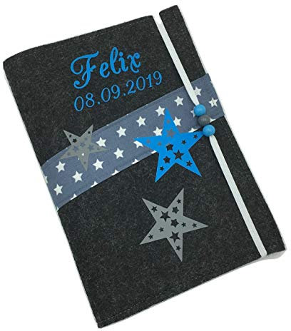 U-Heft Hülle mit Namen & Impassfach aus Filz Sterne Blau untersuchungsheft hülle