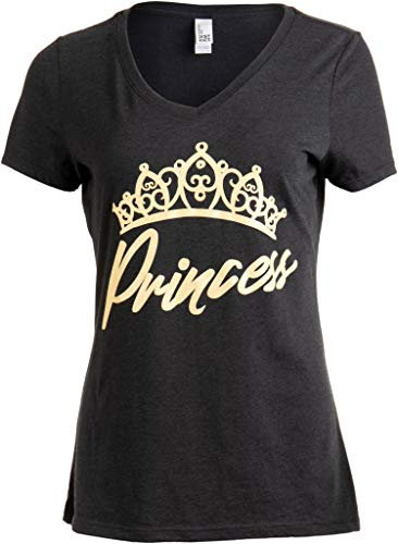 Prinzessinnen-/niedliches, witziges Mädchen-T-Shirt mit Tiara-Krone, Humor, V-Ausschnitt - Schwarz - X-Groß