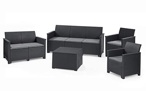 Lounge-Set 5-TLG. bestehend aus: 3er Sofa, 2er Sofa, 2X Sessel und Kissenbox Tisch - stilvolle Sitzgruppe in Rattan Optik - inklusive Sitzkissen - ergonomische Rückenlehnen für maximalen Sitzkomfort