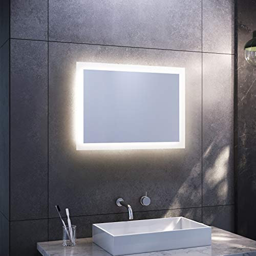 SONNI Badspiegel mit LED-Beleuchtung 50×70 cm Warmweiß Wandschalter Badezimmerspiegel Wandspiegel IP44 Horizontal und Vertikal montierbar