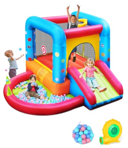Step4Fun Inflatable Bounce House, Kids Castle Slide Bouncer for Children Jumping Outdoor and Indoor Party, Baby Backyard Water Jumper Toy with Blower, Ball Pit Pool, （112 x 98 x 65”）