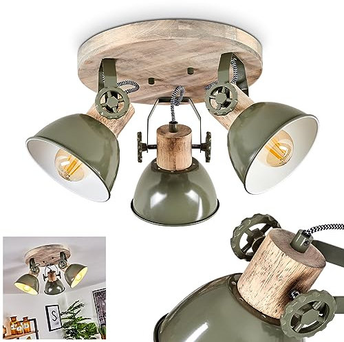 HOFSTEIN Deckenleuchte Orny, 3-flammiger Deckenstrahler aus Holz und Metall in grün, Industrial/Vintage Look Zimmerlampe, Rondell mit 3 x E27 max. 60 Watt, die Leuchtenköpfe sind verstellbar
