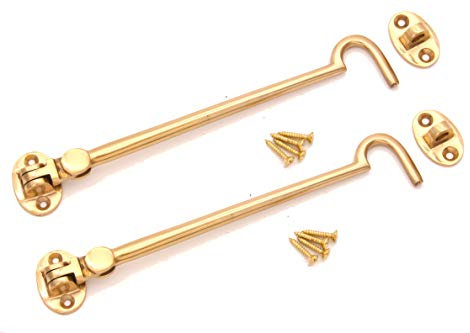 Pack of 2, 8 (200mm) Heavy Duty Brass Cabin Hook & Eye Silent Catch/Latch/Holder/Back Gate/Shed/Patio Door in Various Finishes (Polished Brass)