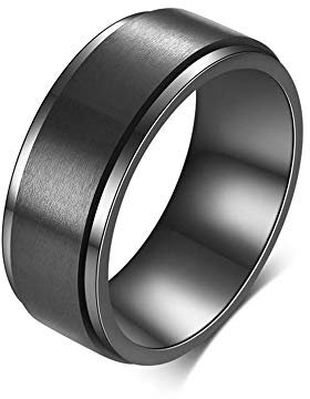 BlackAmazement Drehring Edelstahl gebürstet Spinner Ring drehbar schwarz Silber Damen Herren (Schwarz, 55 (17.5))
