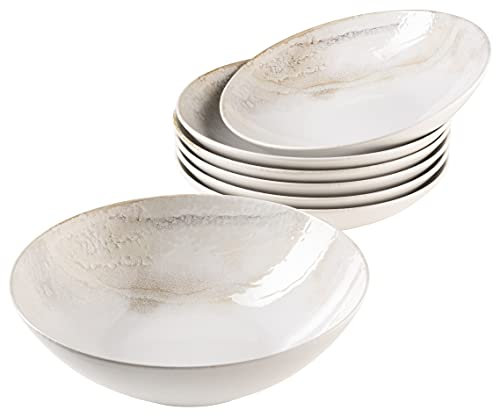 MÄSER 931948 Ossia Wooden Light, 7-teiliges Bowl Set aus Keramik, 1 Salat-Schüssel groß und 6 Schalen für Salat, Müsli, Suppe oder Pasta, Weiß dekoriert, Steinzeug