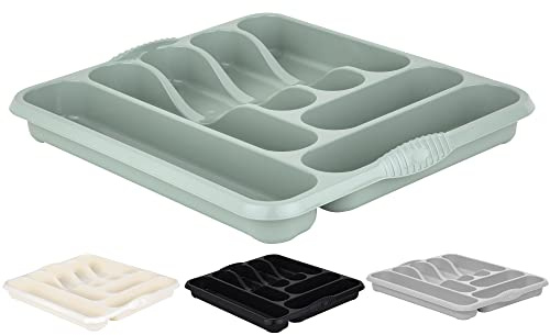 M1SS High Grade Plastic Large Cutlery Tray Kitchen Racks and Holders 7 Compartment Cutlery Draw for Kitchen Drawers (Silver Sage)