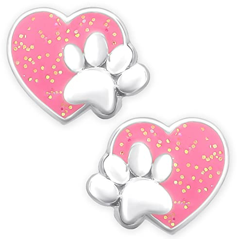 Kinder Mädchen 925 Silber Ohrringe Glitzer Rosa Herz Katzen Hunde Pfote Pfötchen Ohrstecker Schmuck Geschenk