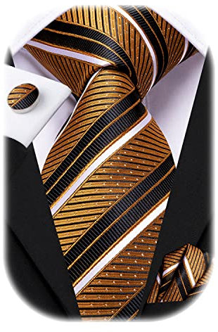 Hi-Tie Herren Krawatte Schwarz Paisley/Plaid/Streifen/Einfarbig Krawatten Set Einstecktuch Manschettenknöpfe Business Formal Hochzeit Meeting Geschenkbox,brauner schwarzer weißer Streifen