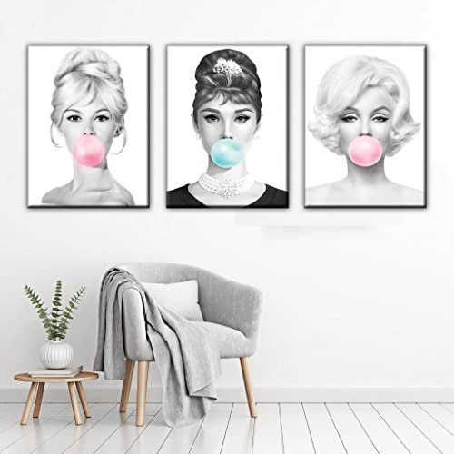 time4art Marilyn Monroe Brigitte Bardot Audrey Hepburn Pink Blau Kaugummi Print Canvas 3 Bild 3 x 40x55cm Leinwand auf Keilrahmen