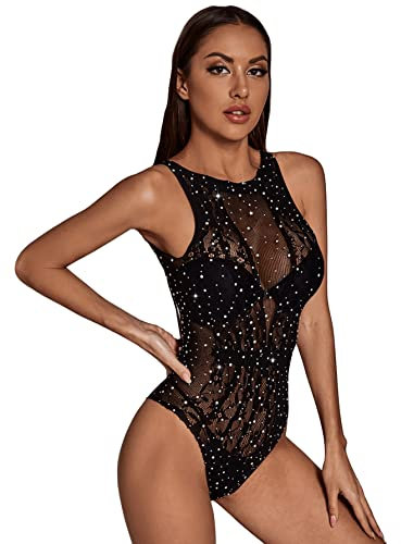 GORGLITTER Body Mit Strass Damen Sexy Mesh Sheer Bodysuit Glitzer Body Netz Body Frauen Teddy Body Mit Strass Party Oberteil Durchsichtig Damenbody Schwarz Einheitsgröße