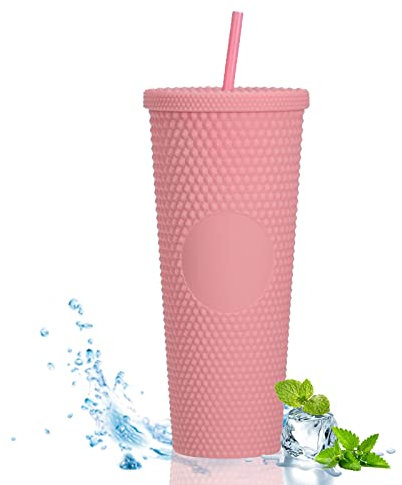 TWSOUL Studded Cup Tumbler 710ml Studded Tumbler with Lid and Straw Reusable Cold Cup for iced Coffee Double Walled Plastic Water Bottl (Pink)