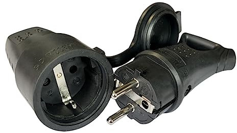 ZOREI 2 Pezzi, Spina Schuko Volante In Gomma, Presa Schuko Volante In Gomma, Impermeabile IP44, 16A 250V Max 3500W (1 Spina + 1 Presa), Nero