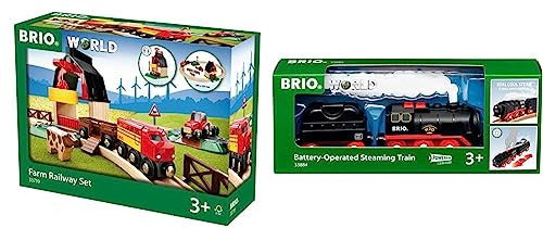 BRIO World 33719 Bahn Bauernhof Set - Holzeisenbahn mit Bauernhof & World 33884 Batterie-Dampflok mit Wassertank