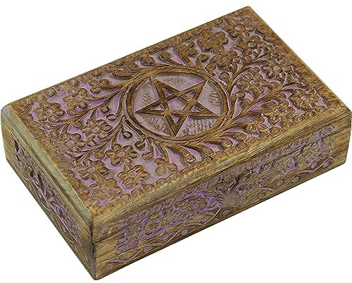 Craft&Style Deko Schatulle Kästchen Box Schachtel Kiste Dose aus Holz mit Deckel | Pentagramm Stern violett | L x B x H: 13 x 20 x 6 cm
