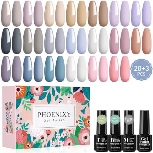 Phoenixy Gel Nagellack Set, 20 Farben Gel Farblack für Nagel mit Unterlack Überlack Matte Überlack