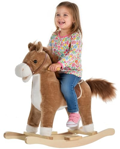 Qaba Rocking Horse Plush Animal on Wooden Rockers, Baby Rocking Chair with Sounds, Moving Mouth, Wagging Tail, Brown