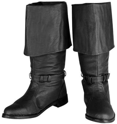 Stivali da Cavaliere medievali da Uomo Stivali Alti da Cavaliere Vintage da Pirata Stivali da Cowboy in Pelle PU, Accessori per Costumi Cosplay di Halloween,Nero,44 EU