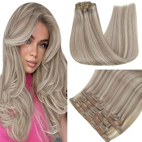 RUNATURE Clip in Extensions Echthaar 50cm Clip in Extensions Haarverlängerung DunkelBlond mit Platinblond Farbe #19AP60 120g Extensions Clip in Blond 7Pcs